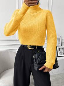 Chiquease 女式纯色高领长袖休闲套头衫，秋冬 - 黃色 - 查看 8
