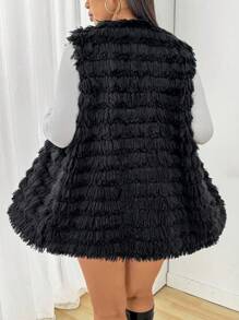 SHEIN EZwear Plus Size Women Fluffy Coat, Black Furry Jacket For Fall