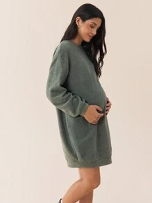 SHEIN Maternity Loose Crew Neck Drop Shoulder Solid Color Long Sleeve Sweatshirt, Autumn Fall Winter - Green - View 5