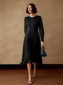 MOTF PREMIUM ROBE MIDI À VOLANTS ASYMÉTRIQUE À MANCHES LONGUES ET UNIE - Noir - Voir 3