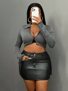 Slaydiva Women's Solid Color Front Button Closure Multiple Pockets Casual Skirt - Black - View 5