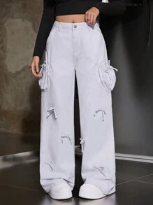 SHEIN Teenager Girls White Denim Loose Wide Leg Pants With Bow - White - View 5