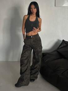 DAZY 女式前扣口袋简约休闲迷彩工装牛仔裤 - 軍綠色 - 查看 6