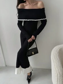 Aloruh 女士露肩拼色修身鱼尾下摆优雅毛衣连衣裙 - 黑色 - 查看 1