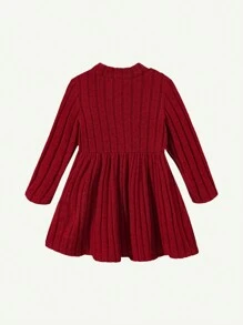 Cozy Pixies Baby Girl Casual Solid Color Stand Collar Long Sleeve Waisted Dress - Red - View 2