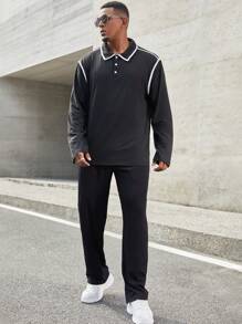 Manfinity Homme Áo thun polo viền màu thường ngày cỡ lớn cho nam, mùa thu - màu đen - Xem 1