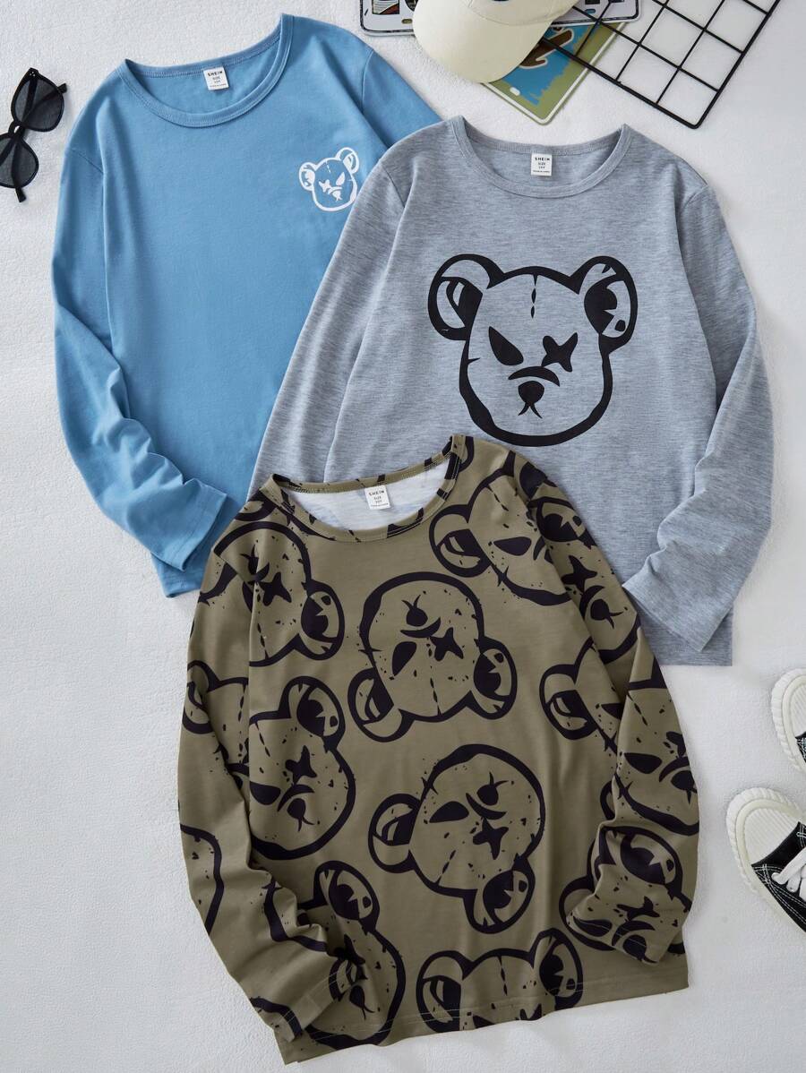 SHEIN Tween Boy 3pcs/Set Multi-Color Casual Cartoon Pattern Print Long Sleeve Cute Fun Bear Graphic T-Shirts - Multicolor - View 1