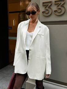 Aloruh Áo khoác blazer giản dị màu trơn tay dài cài nút phía trước cho nữ có túi giả tối giản - Cà phê nâu - Xem 4