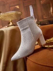 CUCCOO TILAWA Giày bốt mũi nhọn cao đến giữa bắp chân đính đá thời trang dành cho nữ cho kỳ nghỉ Giáng sinh và năm mới - Xám - Xem 7