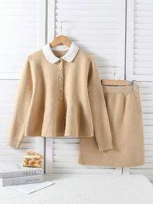 SHEIN Conjunto elegante de suéter con volantes y minifalda, conjunto de 2 piezas tejido para niña adolescente, color amarillo, para otoño/invierno