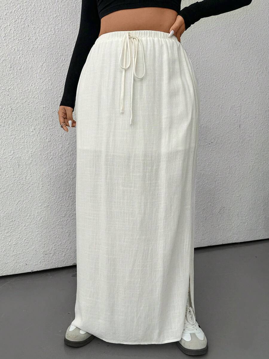 SHEIN EZwear 大码纯色抽绳腰高开叉休闲半身裙 - 白色 - 查看 1