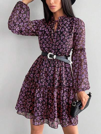 EURMUSE Casual Ditsy Floral Print Lantern Sleeve Midi Dress, Autumn