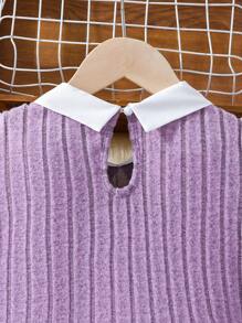 2pcs/Set Teen Girl Ribbed Splice Puff Sleeve Shirt And Ribbed Elastic Waist Flare Pants