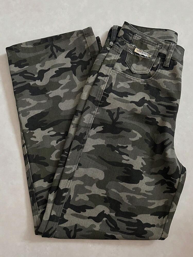 Women Casual Loose Pocket Wide Leg Camouflage Jeans, Denim Pants