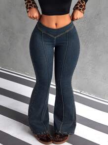 SHEIN ICON Women's Casual Fashion Flared Jeans, Suitable For Spring And Autumn Outings - Blue - View 7