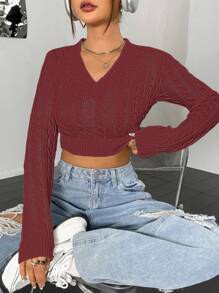 Flirla Women's Solid V-Neck Long Sleeve Casual Cropped Sweater Knit Pullover Fall Winter - Burgundy - View 6