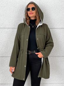 SHEIN معطف شتوي مبطن بالقطن مع قبعة، خصر بحبل للربط لحجم كبير للنساء، أنيق للأغراض اليومية - أخضر عسكري - مشاهدة 4