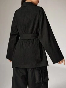 Heiryn Women's Solid Color Front Tie Long Sleeve Pocket Casual Jacket - Black - View 5