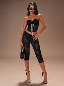 SHEIN SXY 黑色上衣；秋季女装；短款上衣；蕾丝上衣；优雅性感约会黑色弹力蕾丝配白色丝带点缀紧身胸衣上衣配胸罩杯；优雅女士服装，适合日常约会、夜总会、派对和情人节活动 - 黑色 - 查看 6