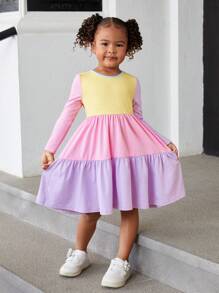 SHEIN Young Girl's Cute And Comfortable Knitted Color-Block Long-Sleeve Round Neck Holiday Dress ,Autumn And Winter , Great For Casual & Daily Wear & School Daily,Y2K Girl
