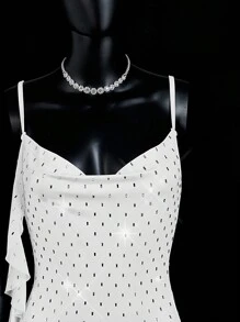 SHEIN ICON Draped Collar Sexy Open Back Ruffle Trim Beaded Party Dress - White - View 4