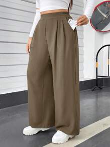 SHEIN Essnce 大码女装秋冬时尚休闲宽松舒适卡其色松紧腰基本百搭阔腿裤，秋季女装，老款，女式下装，冬装，曲线服装 - 卡其色 - 查看 1