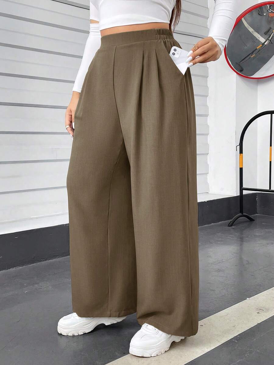 SHEIN Essnce 大码女装秋冬时尚休闲宽松舒适卡其色松紧腰基本百搭阔腿裤，秋季女装，老款，女式下装，冬装，曲线服装 - 卡其色 - 查看 1