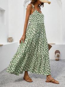 Breezaya Summer Vacation Printed Strapless Sleeveless Long Spaghetti Strap Dress For Women Maxi Vacation Beach Outfit - Green - View 6
