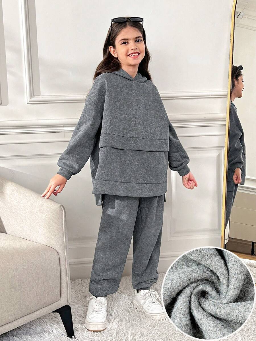 SHEIN Bộ 2 quần áo hoodie và quần dài thoải mái, giản dị cho bé gái tuổi teen, trang phục tối giản đa năng - Xám - Xem 1