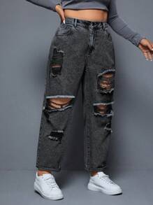 SHEIN ICON Plus Size Women's Solid Color Simple Daily Distressed Jeans - Grey - View 5