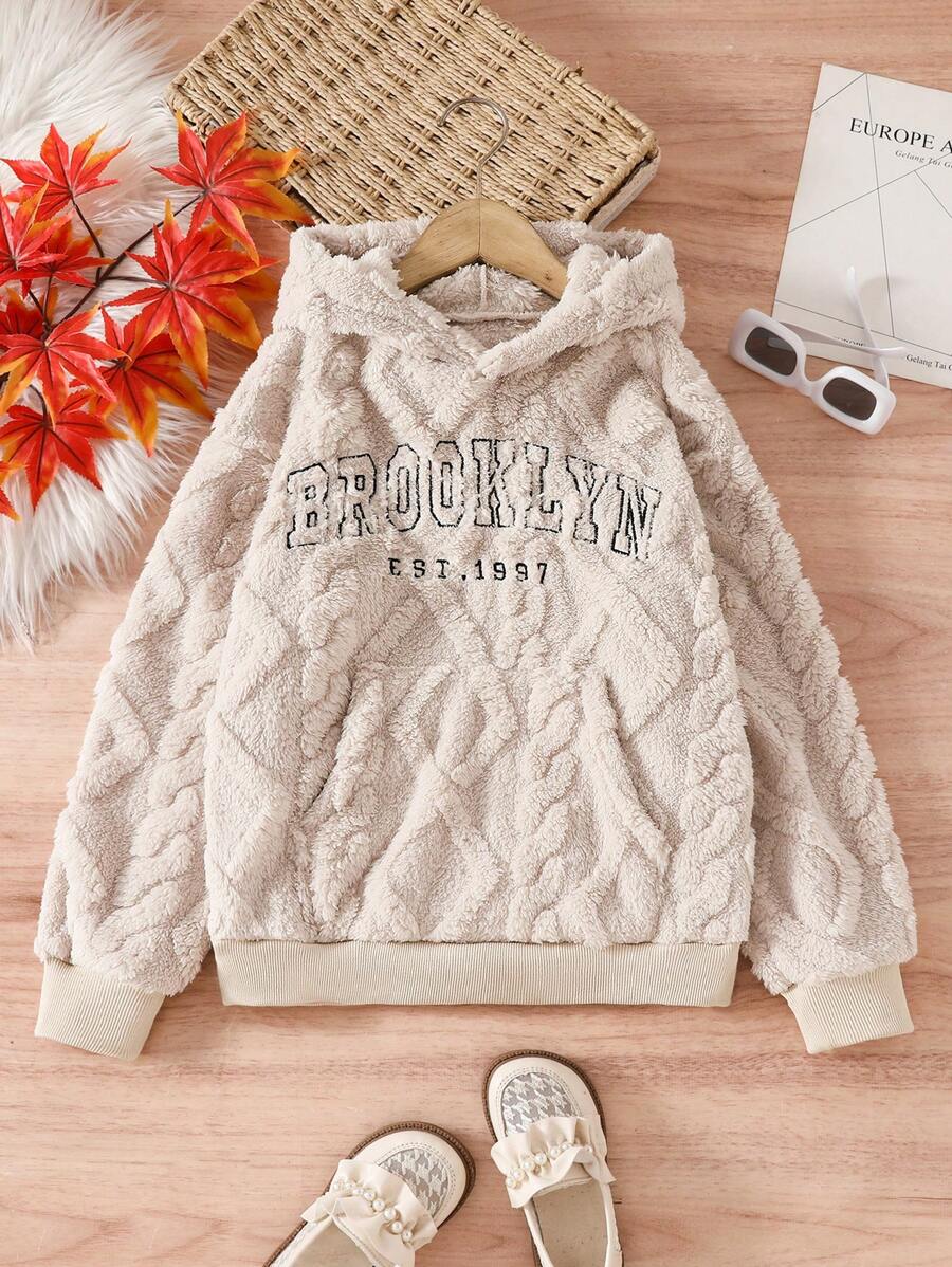 Mother-Daughter Matching Thermal Lined Hooded Sweatshirt, Thicken Flocked Embroidered Letter & Pattern Pullover, Beige Warm Fuzzy Jumper, European Style