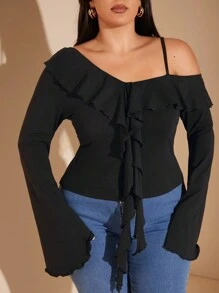 SHEIN BAE Plus Size Women's Black Asymmetrical Neck Ruffled Neckline Flared Long-Sleeved Spaghetti Strap Top Suitable For Commuting And Sweet Dating Outfit Plus Size Fall Clothesoing Out Spaghetti Strap Tops Women Long Sleeve Plus Size Shirts Women Long Sleeve Spaghetti Strap Top Christmas Women Clothes Thanksgiving Shirt Women Plus Clothing Christmas Women Plus Clothing Fall Plus Size Teacher Ladies Christmas Spaghetti Strap Top Business Casual Woman