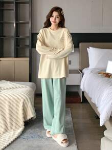 DAZY 清新简约图案印花装饰宽松睡衣套装 - 黃色 - 查看 5