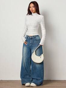 SHEIN EZwear 1 pièce T-shirt basic ajusté à manches longues, col montant, couleur unie, pour femmes