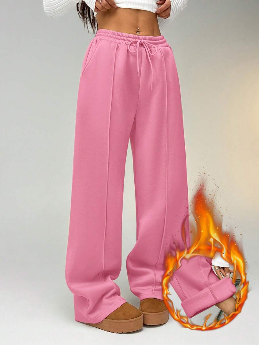 SHEIN EZwear 女士纯色前系带口袋简约休闲长裤,日常穿着 - 粉色 - 查看 1