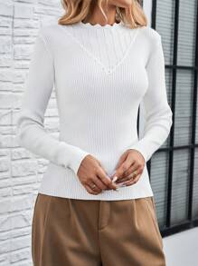 SHEIN LUNE 女士纯色立领罗纹针织长袖修身毛衣 - 白色 - 查看 4