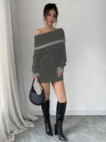 Chiquease Đầm len hở vai màu trơn đơn giản gợi cảm - Màu xám đen - Xem 4