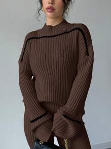Elenzga 2 件套女式纯色拼布立领长袖休闲上衣和裤子套装 - 咖啡棕 - 查看 4
