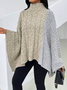 SHEIN Clasi 女士纯色拼接立领简约毛衣，休闲日常穿着，秋冬针织套头衫 - 灰色 - 查看 3