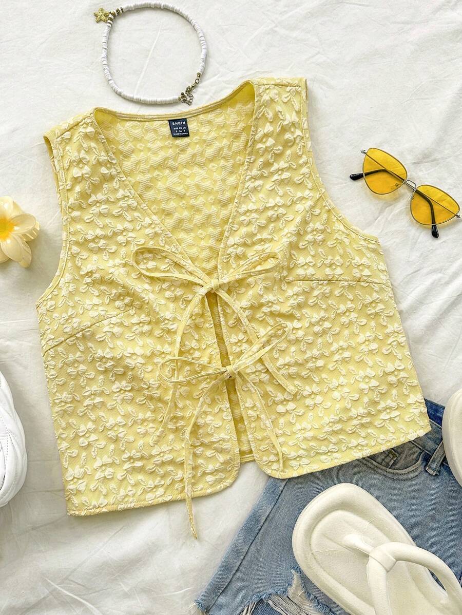 Soleia Women's V-Neck Open Front Tie-Bow Casual Top, Yellow Textured Fabric, For Autumn/Winter - Yellow - View 1