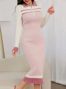 Modelyn Women Casual Color Block Fluffy Knitted Sweater Dress For Winter - Dusty Pink - View 7