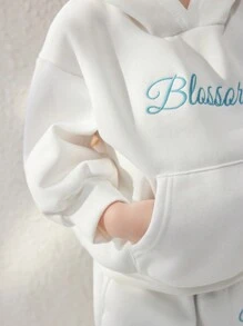 Blossori 年轻女孩法式优雅米色字母印花针织宽松连帽衫套装，秋冬 - 米色 - 查看 6