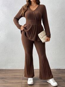 SHEIN LUNE 2pcs/Set Women Plus Size Striped Knit Drawstring Shirred Top & Relaxed Pants, Elegant Autumn/Winter Outfit
