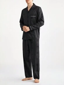 2pcs Casual Men Striped Front Button Long Sleeve Top & Pants Loungewear Set