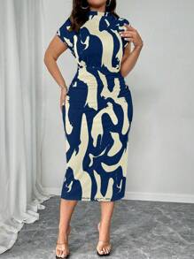 Elenzga Plus Size Women Stand Collar Tight Fitting Elastic Blue & White Print Waist Ruched Slim Fit Short Sleeve Dress, Autumn Maxi Women Outfit, For Summer