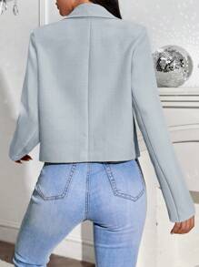 SHEIN Privé 女士秋季立领长袖前部打结优雅西装外套 - 藍色 - 查看 2