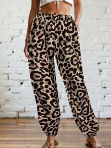 INAWLY Pantalón deportivo casual de mujer con cintura elástica, estampado de leopardo y dobladillo con cordón