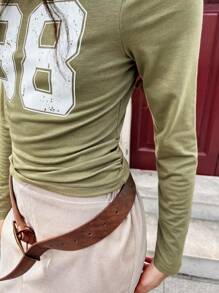 SHEIN Juniors Girls Solid Color Round Neck Graphic Print Long Sleeve T-Shirt, Fitted Cropped Camisole Top, Suitable For Spring And Autumn - Army Green - View 9