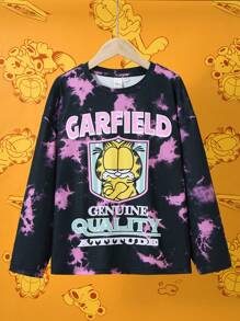 GARFIELD | SHEIN Tween Girl 卡通与字母印花紫色扎染休闲长袖 T 恤 - 彩色 - 查看 2