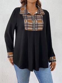 SHEIN LUNE Camisa casual con panel de cuadros en contraste con cremallera frontal regular para mujeres de talla grande, otoño - Negro - Ver 7